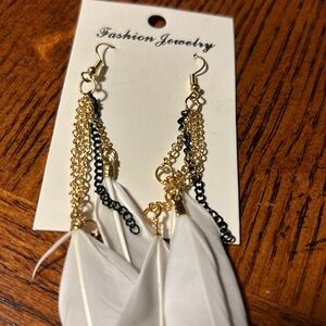 White Feather Earrings Gold And Black Colour Chains